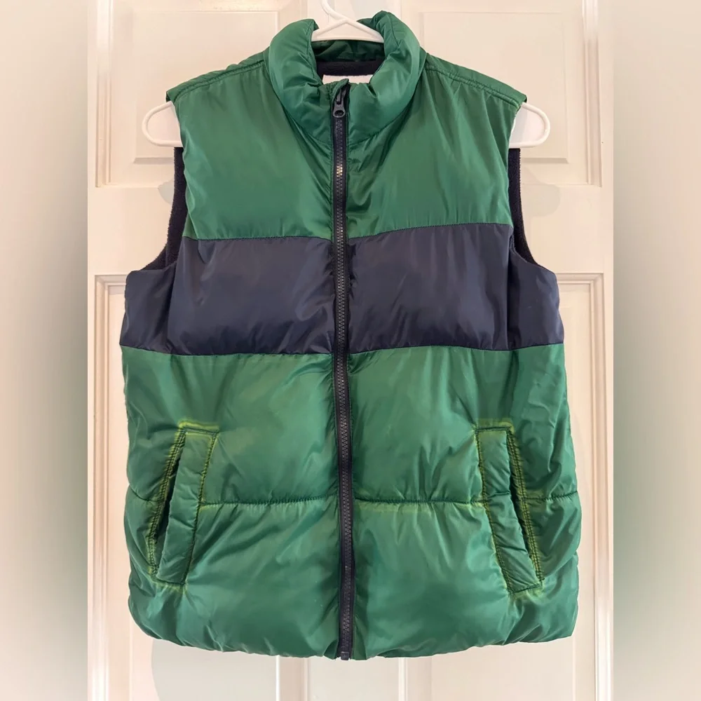 Old Navy Boys Frost-Free Puffer Vest Green Navy Quilted Size L 10-12